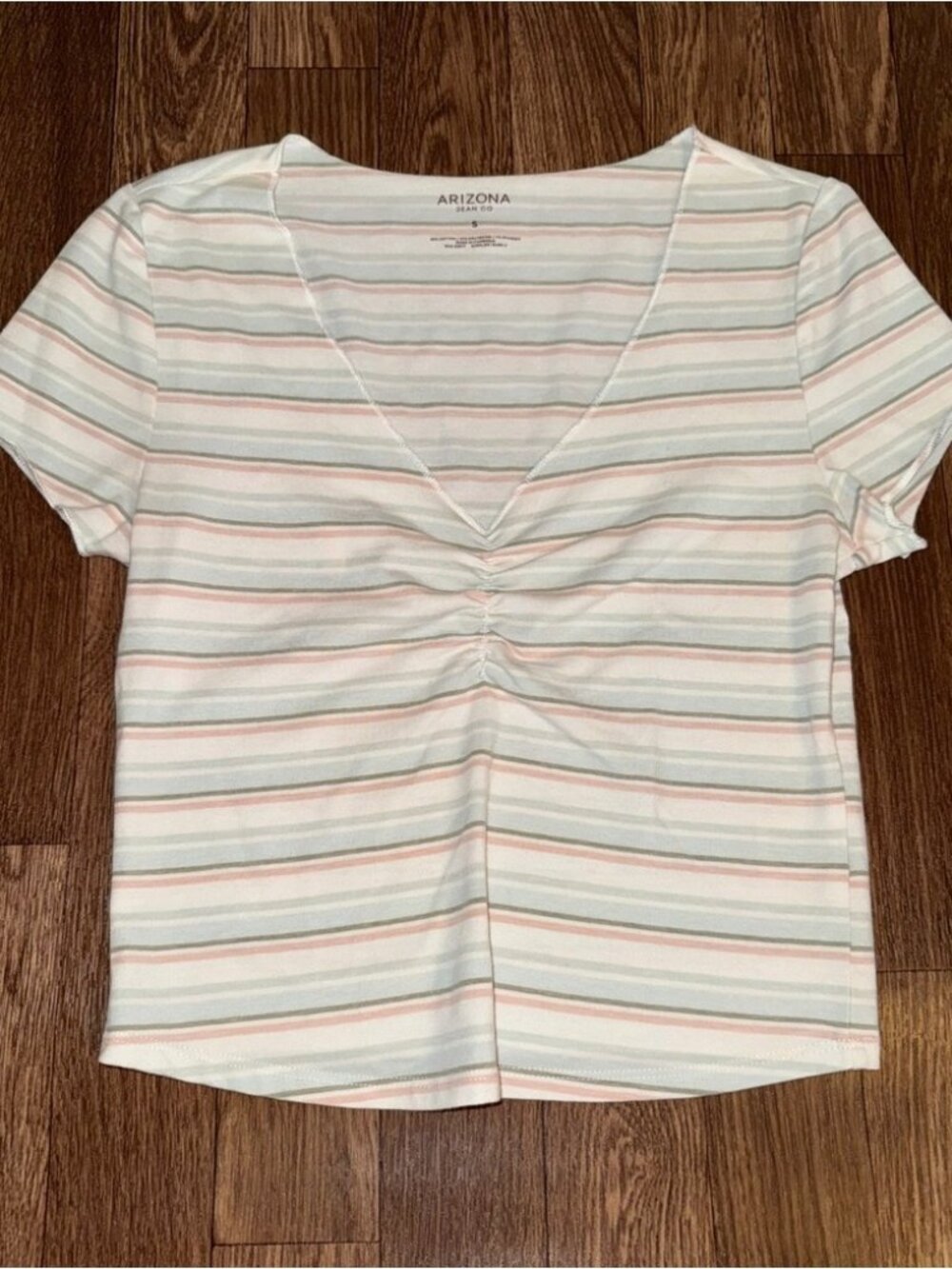 Womens Small Striped Ruched V-Neck‎ Short Sleeve Baby Tee White